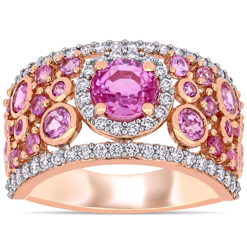 Women’s fashion statement rings-Miadora 14k Rose Gold Pink Sapphire and 1/2ct TDW Diamond Cluster Band Ring