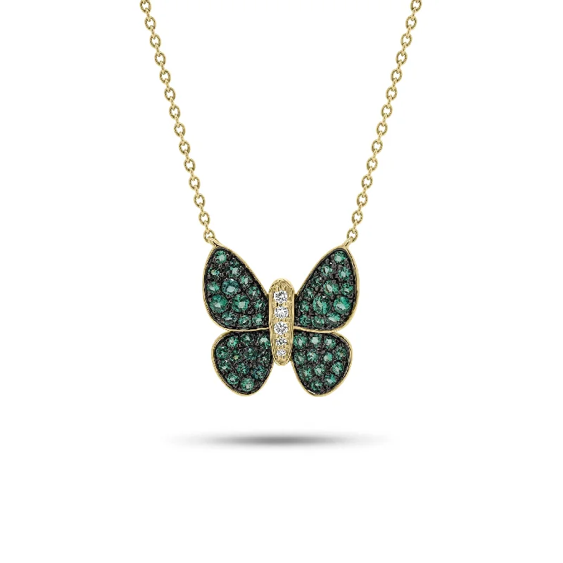 Women’s initial necklaces-Emerald & Diamond Butterfly Pendant Necklace