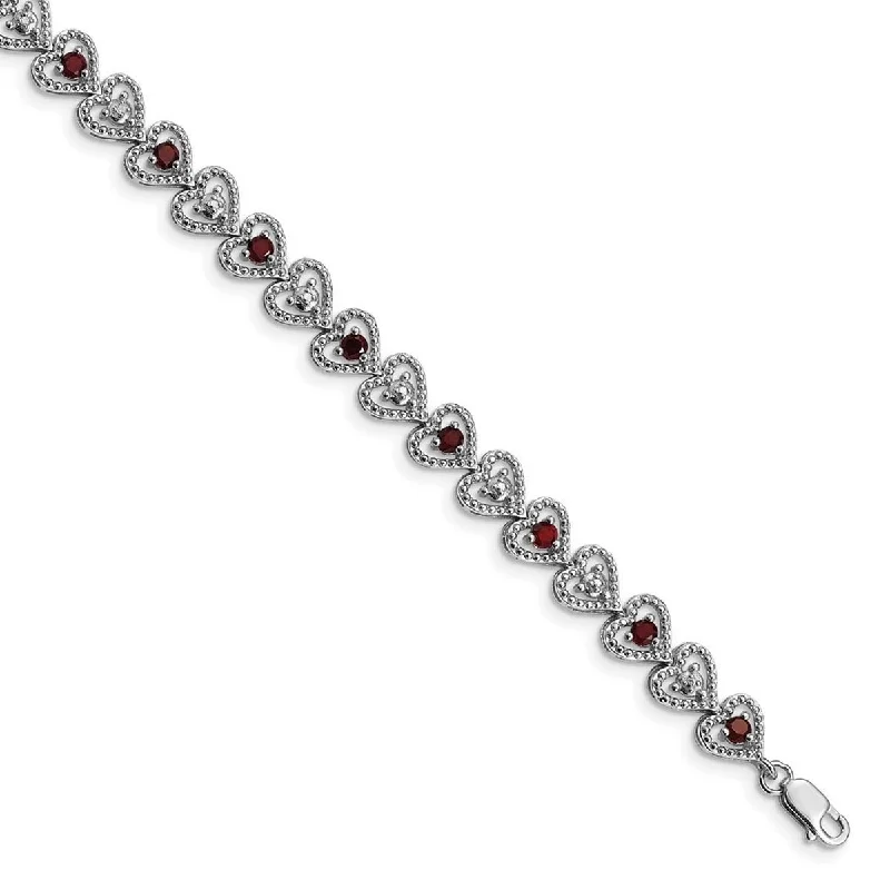 Women’s handcrafted bracelets-Curata 925 Sterling Silver Textured Polished Open back Lobster Claw Closure Garnet Diamond Bracelet