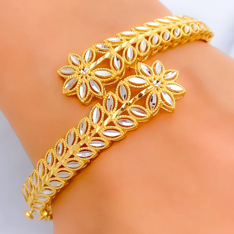 Women’s pearl bracelets-Shimmering Overlapping Floral 22k Gold Bangle Bracelet