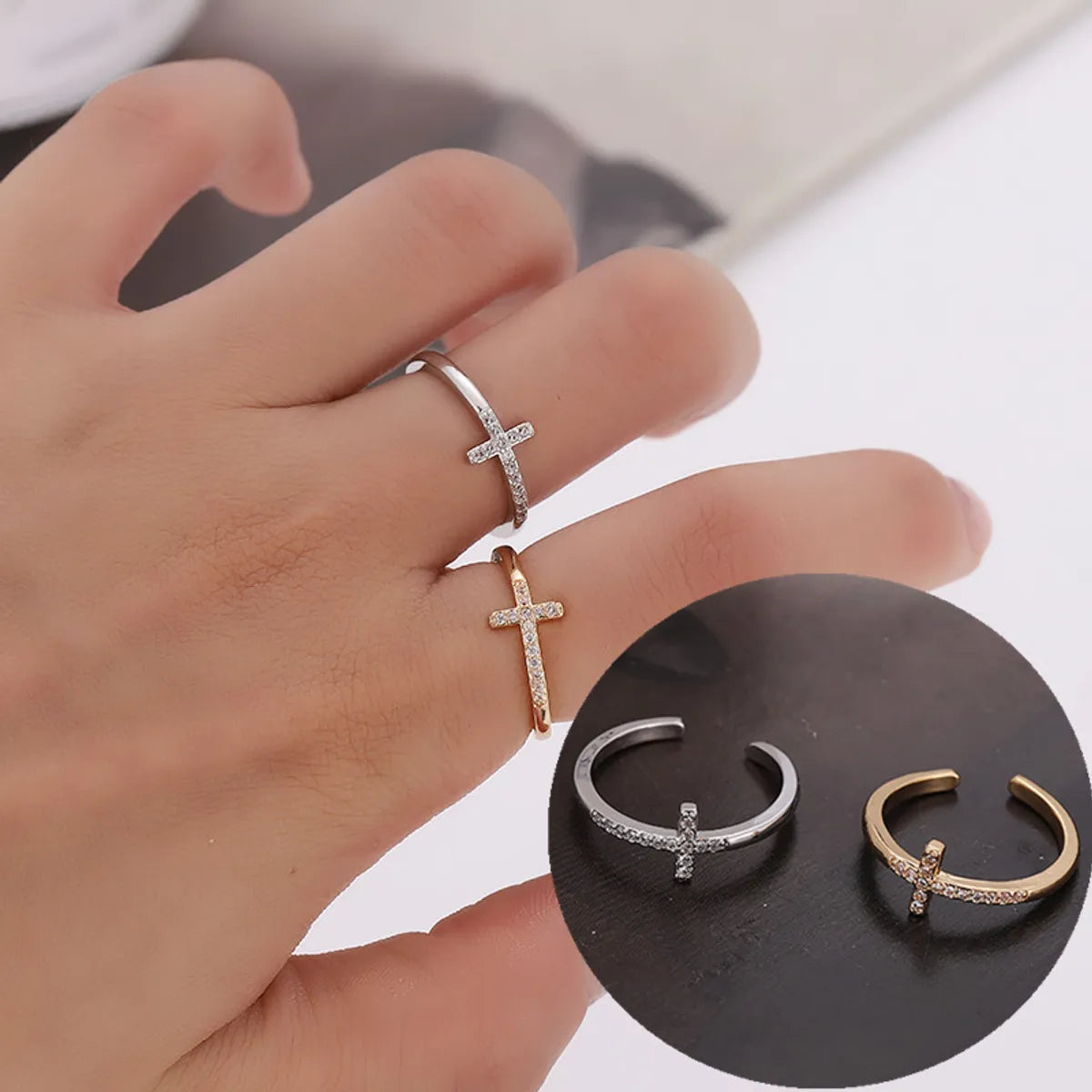 Women’s gold-plated rings-Simple Style Cross Copper Plating Inlay Zircon Open Rings