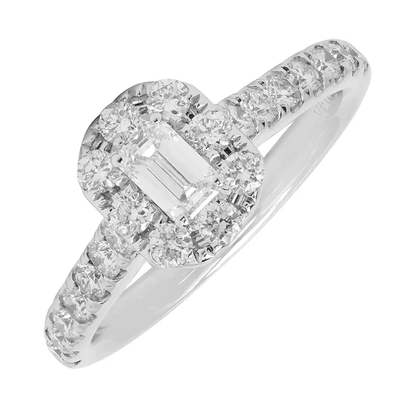 Women’s diamond engagement rings-Daydream Emerald Cut Diamond Halo Engagement Ring in 14kt White Gold (7/8ct tw)