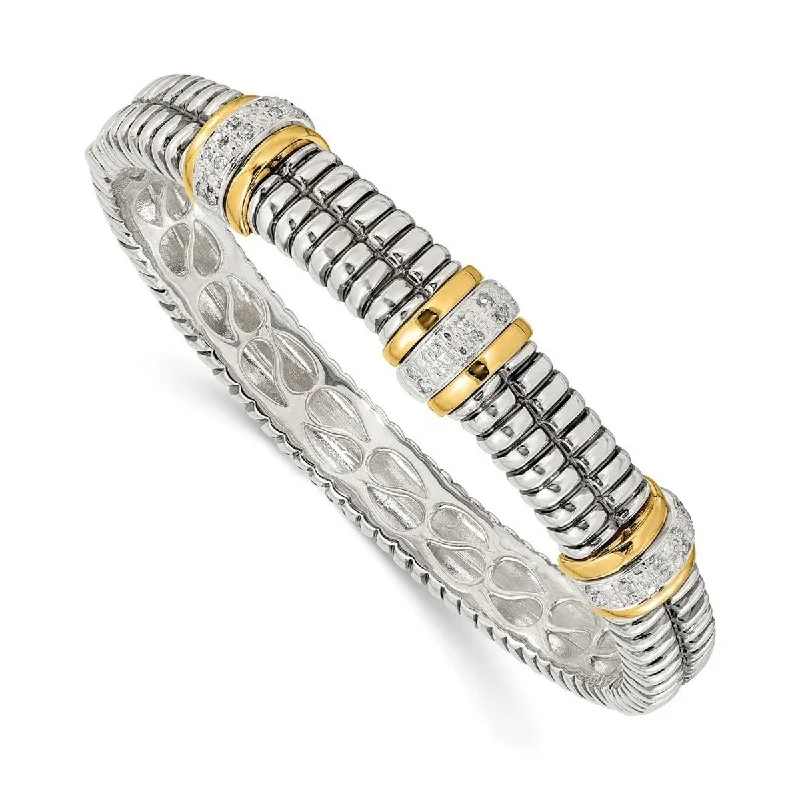 Women’s silver cuff bracelets-Curata 925 Sterling Silver Hinged Polished Prong set Hidden catch and 14k Yellow Diamond Cuff Stackable Bangle Bracelet