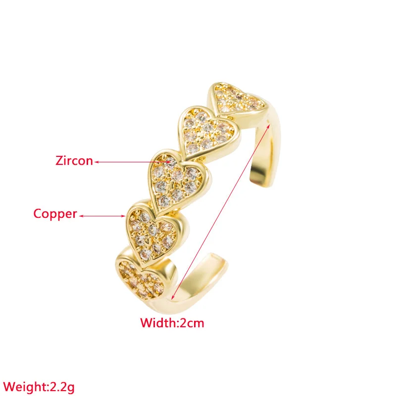 Women’s flower-shaped rings-Elegant Heart Shape Copper Gold Plated Zircon Open Ring 1 Piece