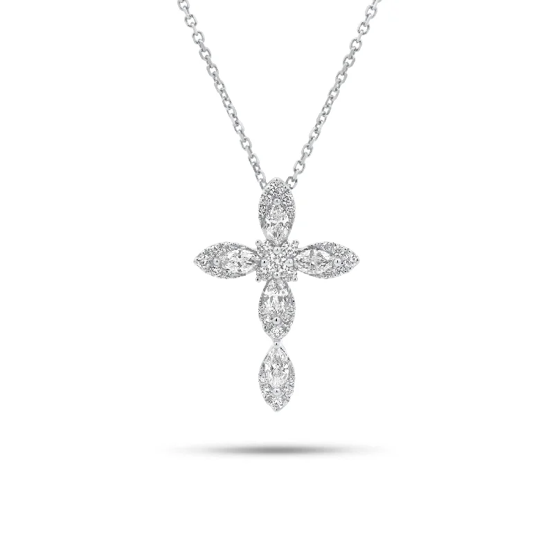 Women’s dainty necklaces-Marquise & Round Diamond Cross Pendant