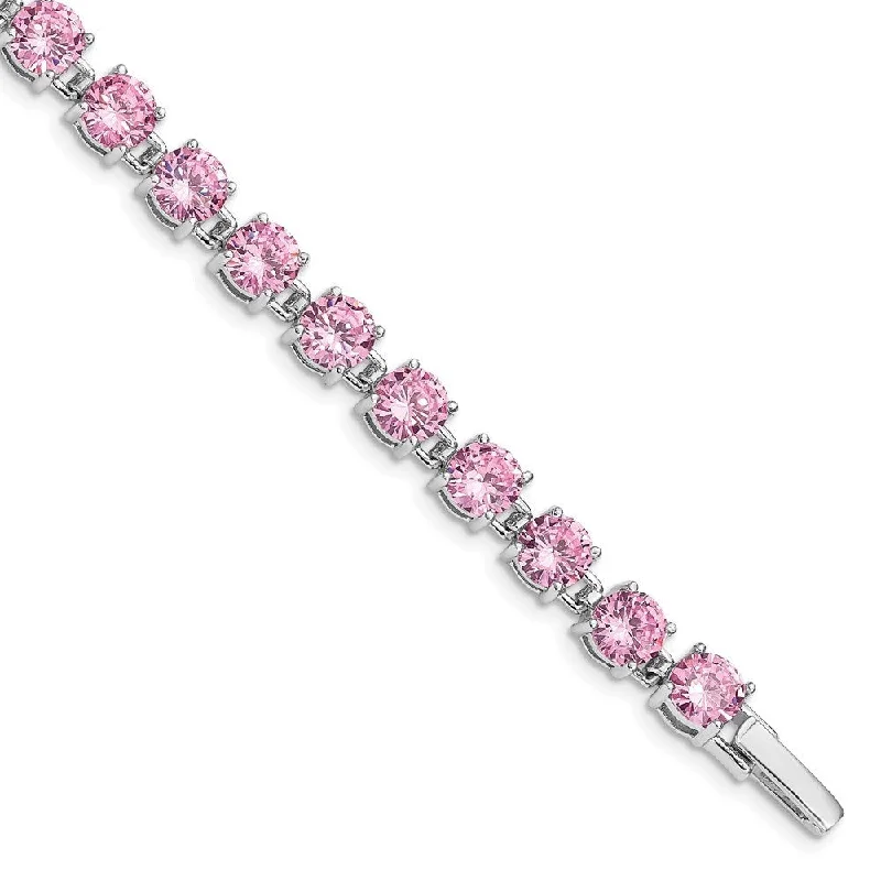 Women’s tennis bracelets-925 Sterling Silver Rhodium Plated Pink Cubic Zirconia Bracelet, 7"