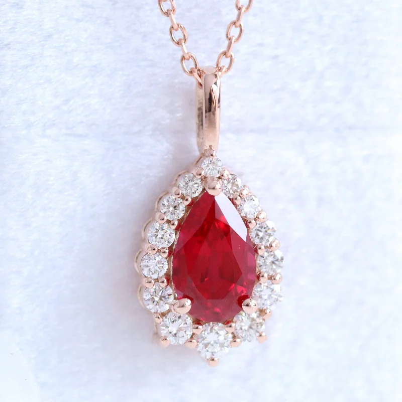 Women’s sapphire necklaces-Pear Shaped Ruby Necklace in 14k Gold Tiara Halo Diamond Pendant