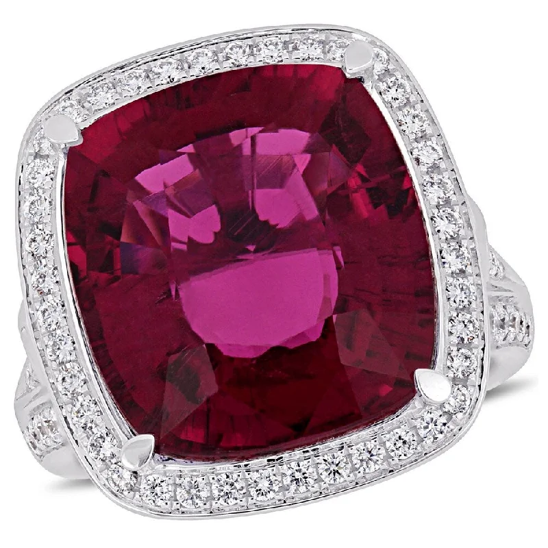 Women’s wedding band rings-Miadora 14k White Gold Pink Tourmaline and 1-3/8 ct TDW Diamond Halo Ring