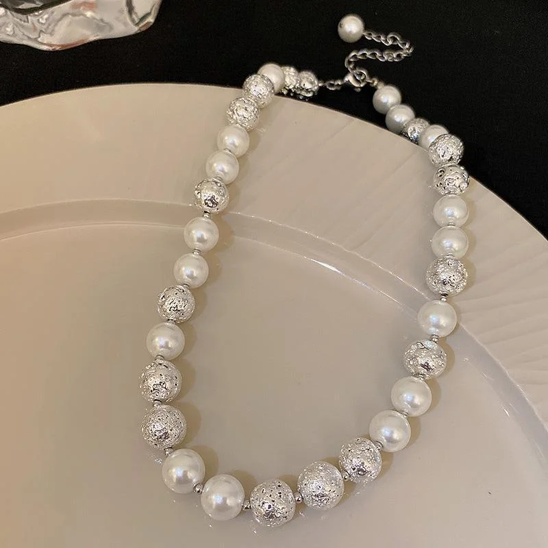 25# Necklace-Silver round Pearl