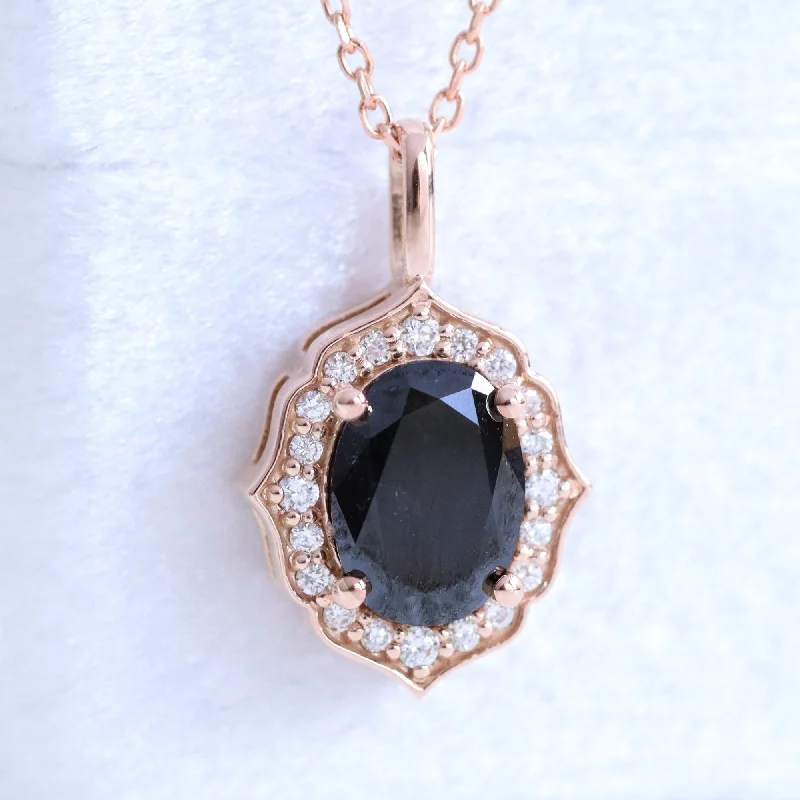 Women’s turquoise necklaces-Oval Black Diamond Necklace in 14k Gold Vintage Halo Diamond Pendant