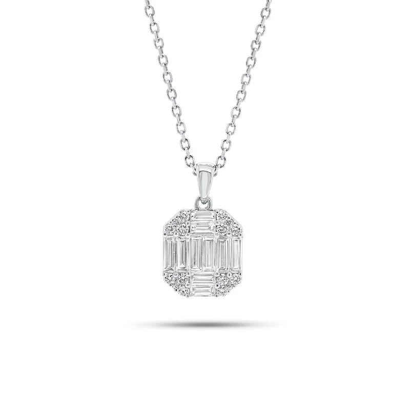 Women’s vintage-style necklaces-Baguette and Round Diamond Octagon Pendant