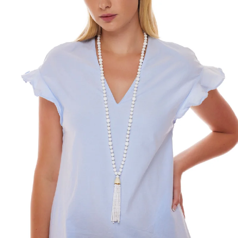 Women’s eternity necklaces-White Glass Bead Tassel Necklace