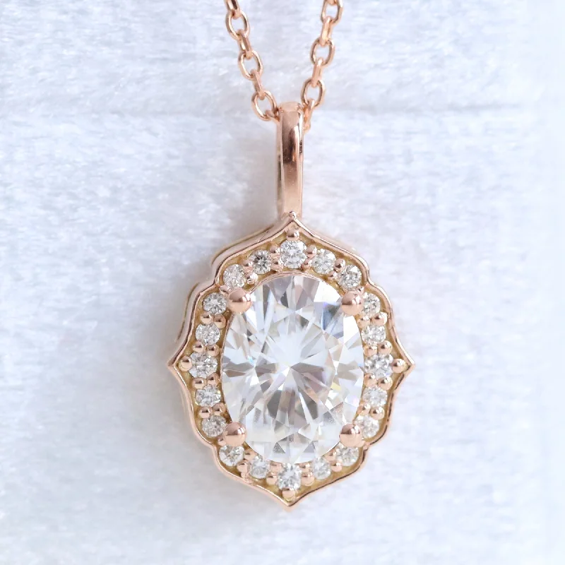 Women’s minimalist gold necklaces-Oval Moissanite Diamond Necklace in 14k Gold Vintage Floral Halo Pendant