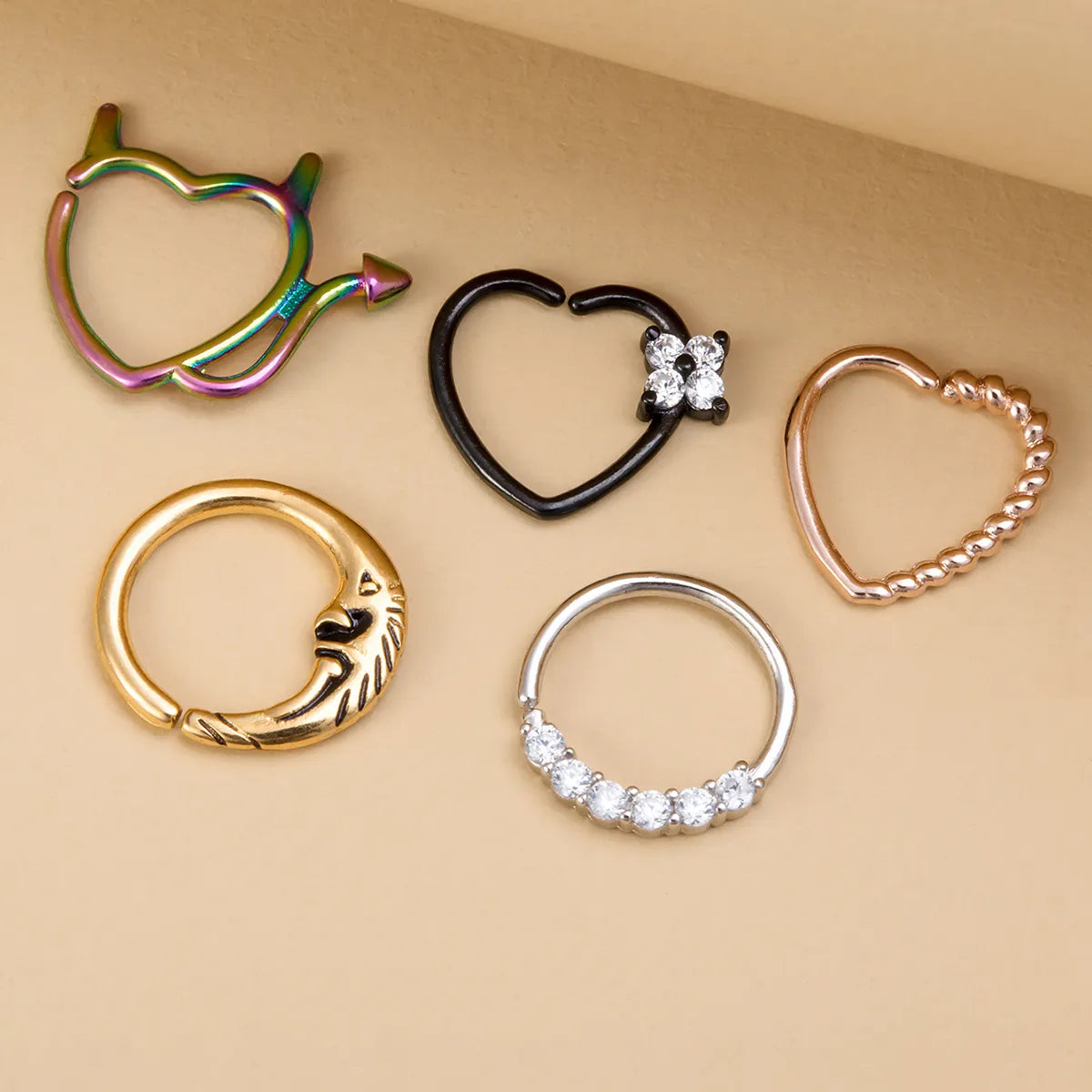 Women’s rose gold rings-Fashion Moon Heart Shape Stainless Steel Inlay Zircon Nose Ring 1 Piece