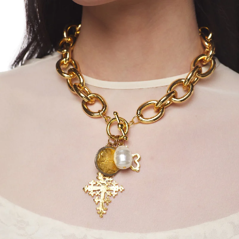 Women’s rose gold chain necklaces-Link Necklace with Pearl & Gold Charms