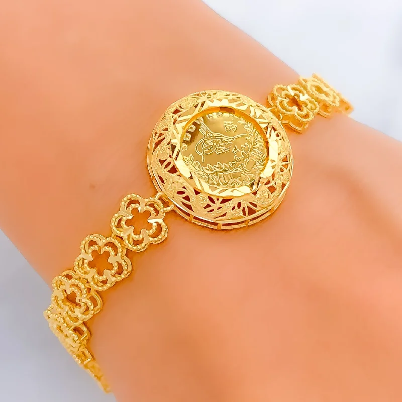 Women’s vintage bracelets-Radiant Round 21k Gold Floral Bracelet