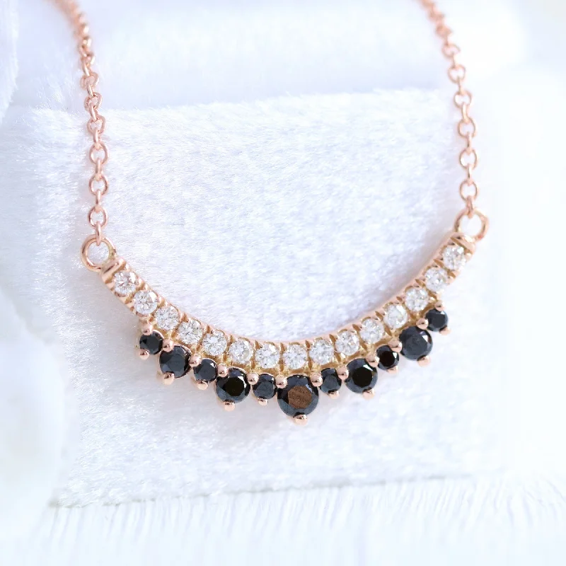 Women’s sparkling necklaces-Black and White Diamond Necklace in 14k Gold U Shaped Crown Pendant