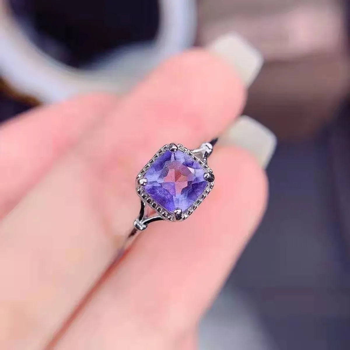 Women’s gold-plated rings-Fashion Purple Diamond Ring Simple Square Blue Diamond Opening Copper Ring