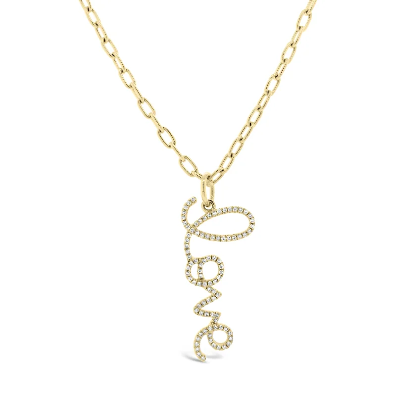 Women’s gold pendant necklaces-Large Diamond ‘Love’ Script Pendant