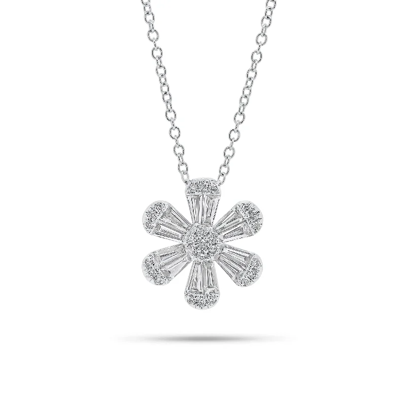 Women’s pearl and diamond necklaces-Round & Baguette Diamond Flower Pendant