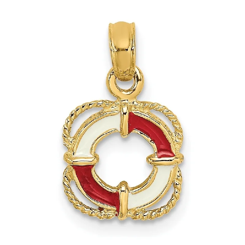 Women’s anniversary rings-Diamond2Deal 14K Yellow Gold Red and White Enameled Lifesaver Ring Charm Pendant (L- 0.67 Inch, W- 0.4 Inch)