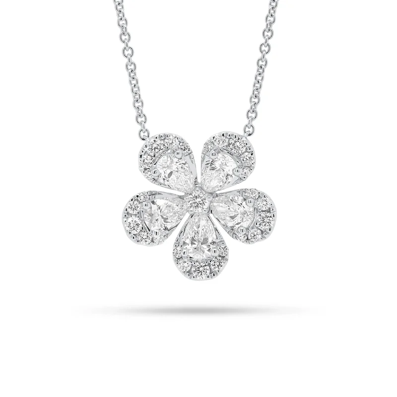 Women’s rose gold necklaces-Round & Pear-Shaped Diamond Flower Pendant Necklace