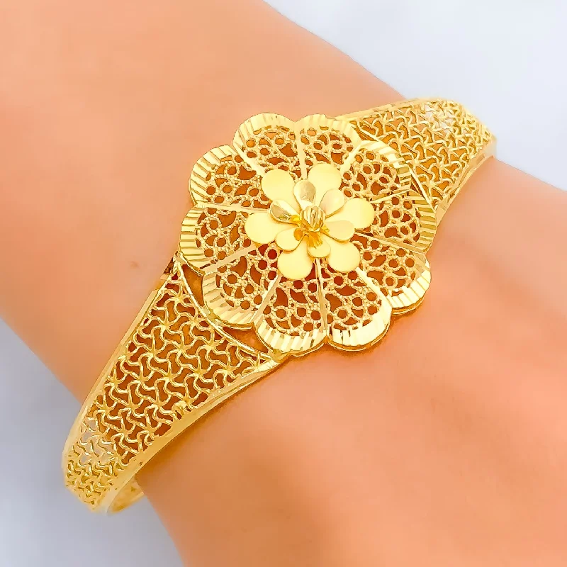 Women’s sparkling tennis bracelets-Majestic Meshed Flower 22k Gold Bangle Bracelet