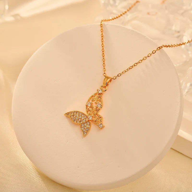 Women’s statement chain necklaces-Copper Elegant Simple Style Flower Butterfly Plating Hollow Out Inlay Zircon Pendant Necklace