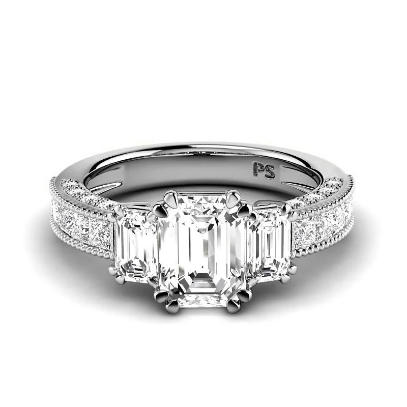 Women’s modern engagement rings-2.10-4.60 CT Round & Emerald & Princess Cut Lab Grown Diamonds - Engagement Ring