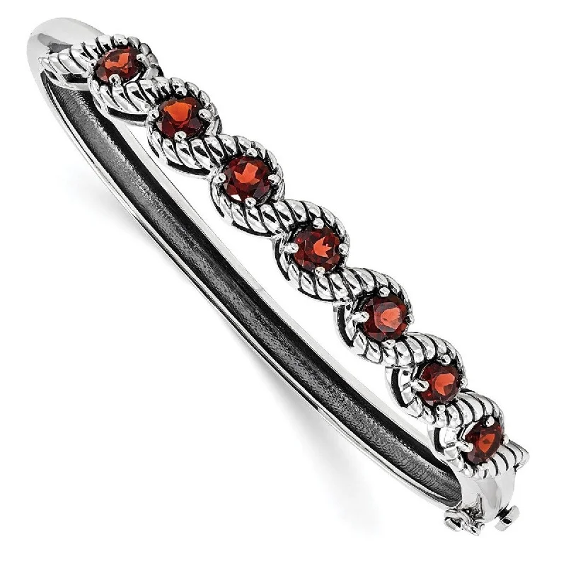 Women’s fancy bracelets-Curata 63.1mm 925 Sterling Silver Rhodium Plated Garnet Hinged Cuff Stackable Bangle Bracelet