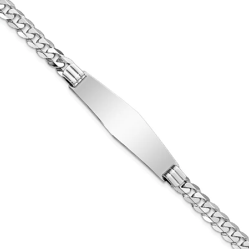 Women’s gold chain bracelets-14k White Gold 10mm Flat Curb Link Soft Diamond Shape with Lobster Claw ID Bracelet, 8"