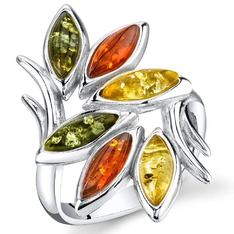 Women’s adjustable gemstone rings-Branch and Leaf Design Amber Ring in Sterling Silver