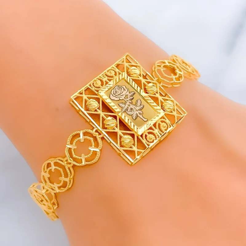 Women’s bohemian bracelets-Edgy Geometric Floral Link 21k Gold Bracelet