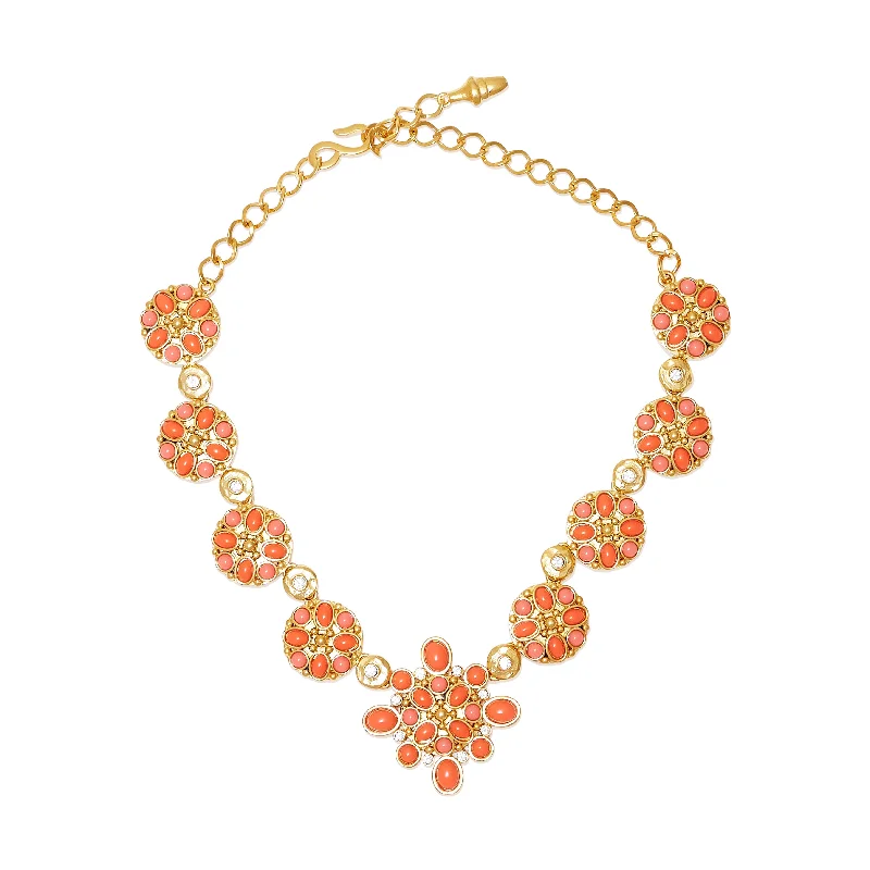 Women’s chunky necklaces-Coral & Pearl Rhinestone Gold Chain Necklace