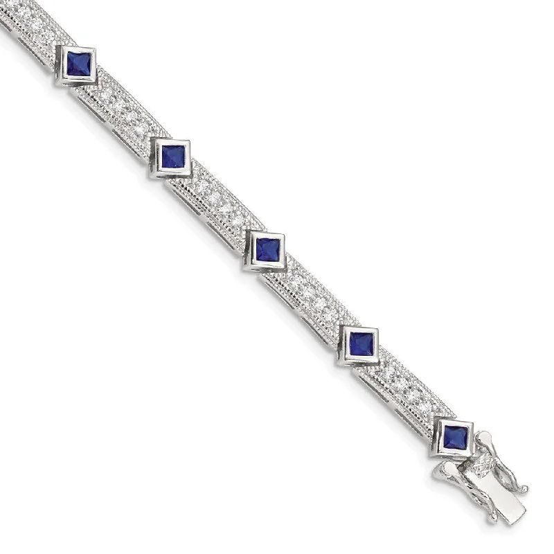 Women’s personalized bracelets with names-925 Sterling Silver Rhodium-plated Blue Glass and Cubic Zirconia Bracelet, 7.25"