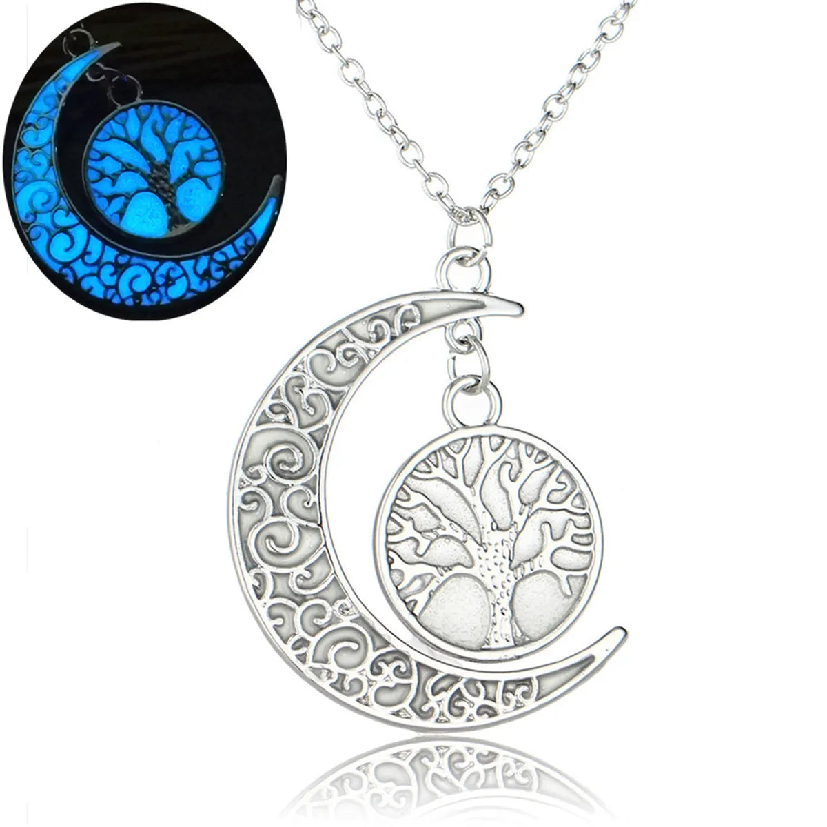 Women’s colorful gemstone necklaces-Best Seller In Europe And America Hollow Lucky Tree Moon Noctilucent Necklace Halloween Fluorescent Pendant Christmas Gift