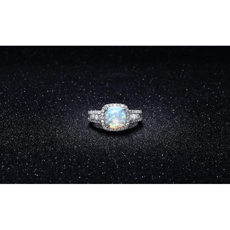 Women’s stackable rings set-18K White Gold White Opal Cushion Cut Halo Ring 3.50 Cttw Sizes 6 7 8 9