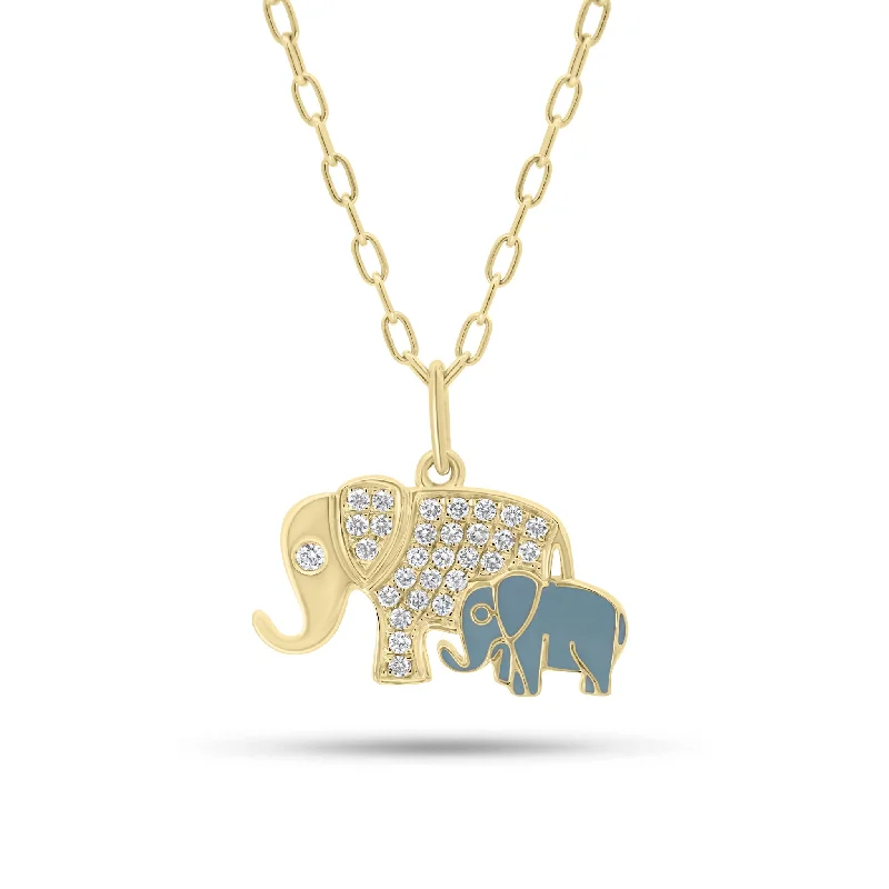 Women’s pearl necklaces-Diamond & Enamel Elephant Mother & Child Pendant