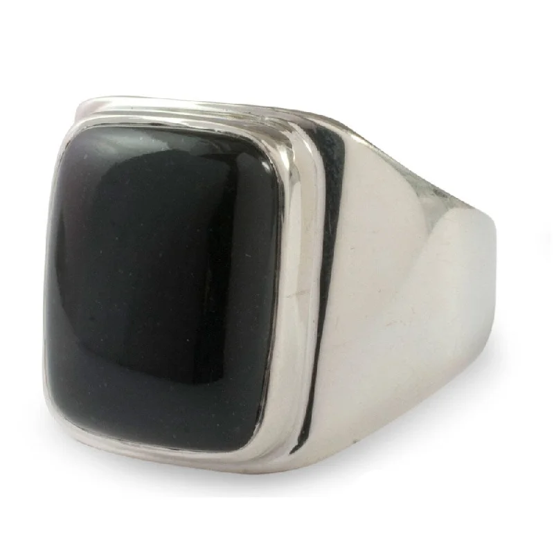 Women’s wedding rings-Handmade Art of Life Modern Rectangular Black Jade Gemstone Set in Highly Polished 925 Sterling Silver Mens Ring (Guatemala)