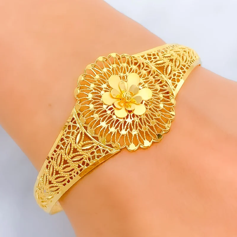 Women’s personalized bracelets with names-Ornate Floral Mesh 22k Gold Bangle Bracelet