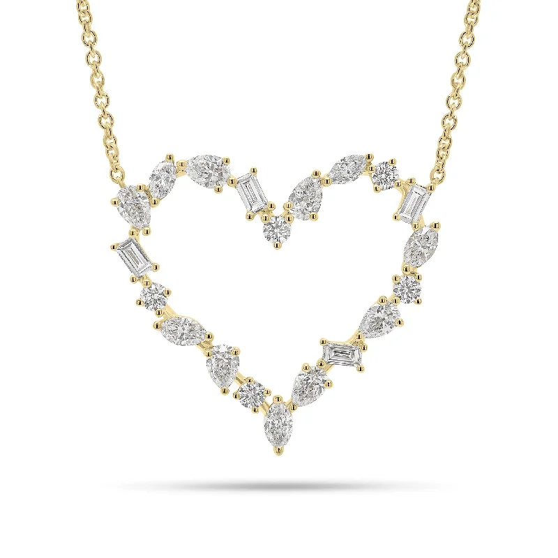 Women’s luxury gold necklaces-Mixed Shape Diamond Open Heart Pendant Necklace