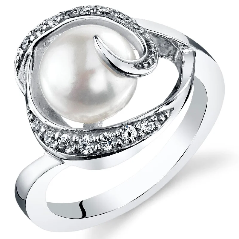 Women’s emerald engagement rings-Sterling Silver White Freshwater Pearl Swirl Ring 8.5mm