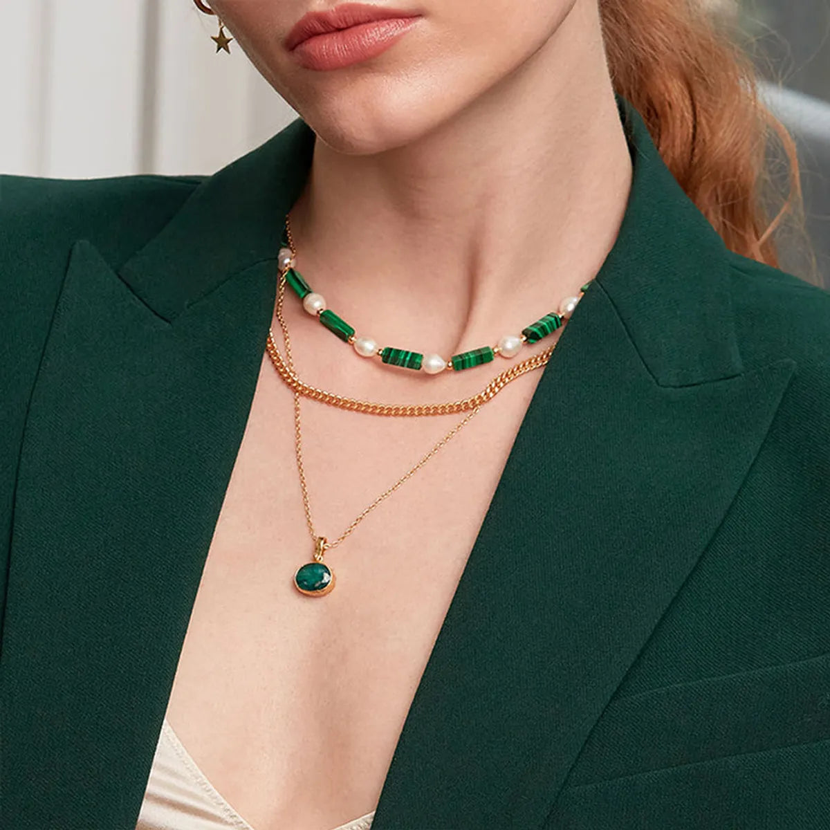 Women’s moonstone necklaces-Commute Round Stainless Steel Imitation Pearl Malachite Beaded Necklace