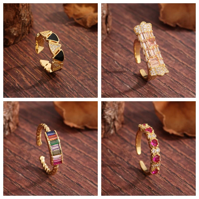 Women’s handmade rings-Vintage Style Sweet Commute Triangle Square Copper Plating Inlay Zircon 18k Gold Plated Open Rings