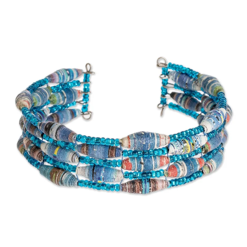 Women’s multicolored bangles-Novica Handmade Nature Of Life In Blue Recycled Paper Beaded Cuff Bracelet