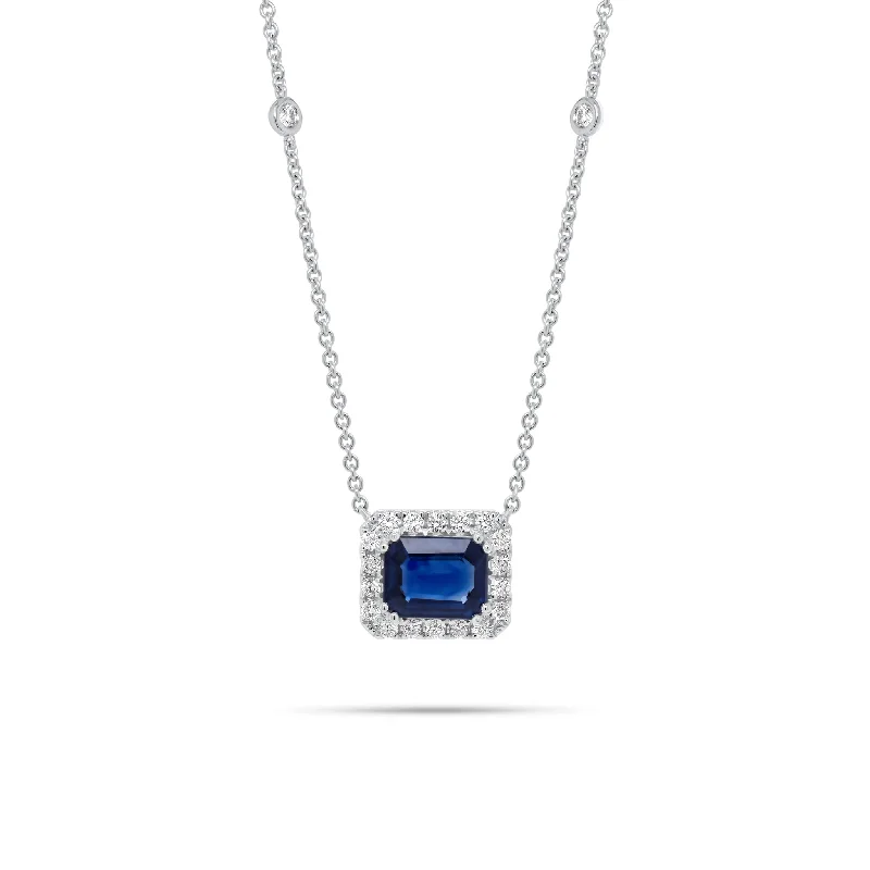 Women’s pendant necklaces-Emerald-Cut Sapphire Halo Diamond Pendant Necklace