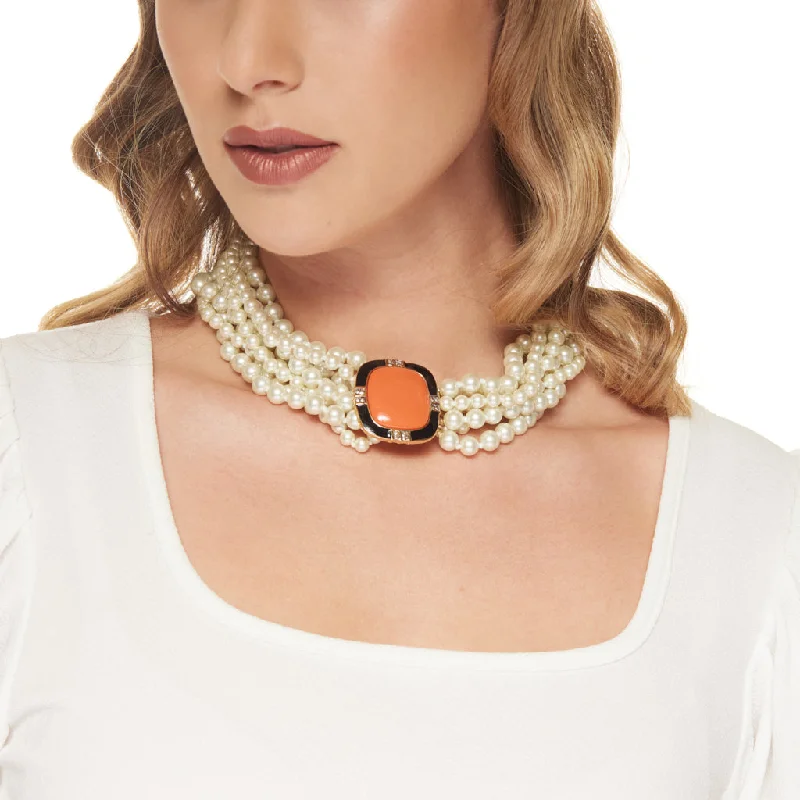 Women’s charm necklaces-Vintage Eight Row White Pearl with Coral Center Clasp Necklace