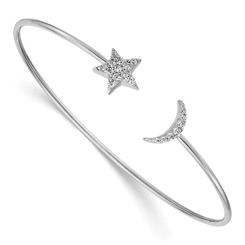 Women’s diamond bracelets for special occasions-Curata 9mm 14k White Gold Diamond Celestial Moon and Star Flexible Cuff Stackable Bangle Bracelet