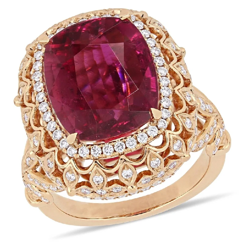 Women’s wide band rings-Miadora 14k Rose Gold Pink Tourmaline and 1-1/7ct TDW Diamond Halo Cocktail Ring