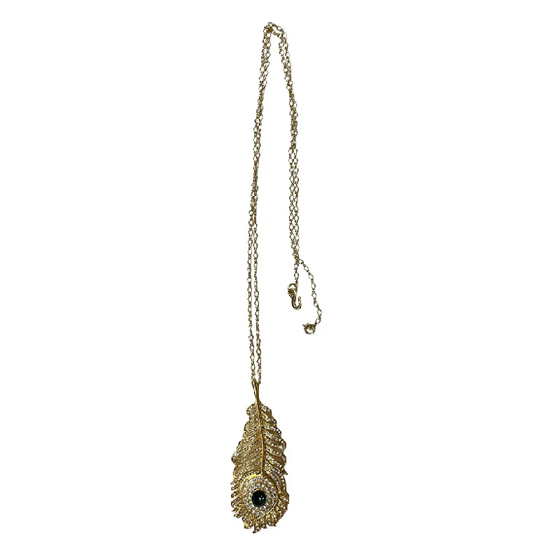 Women’s birthstone pendant necklaces-Gold Feather Pendant Necklace with Emerald Stone